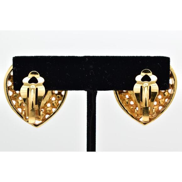 Vintage Crystal Heart Clip On Earrings Black Chunky Gold Heavy NOS 1980s A22 - Picture 10 of 16